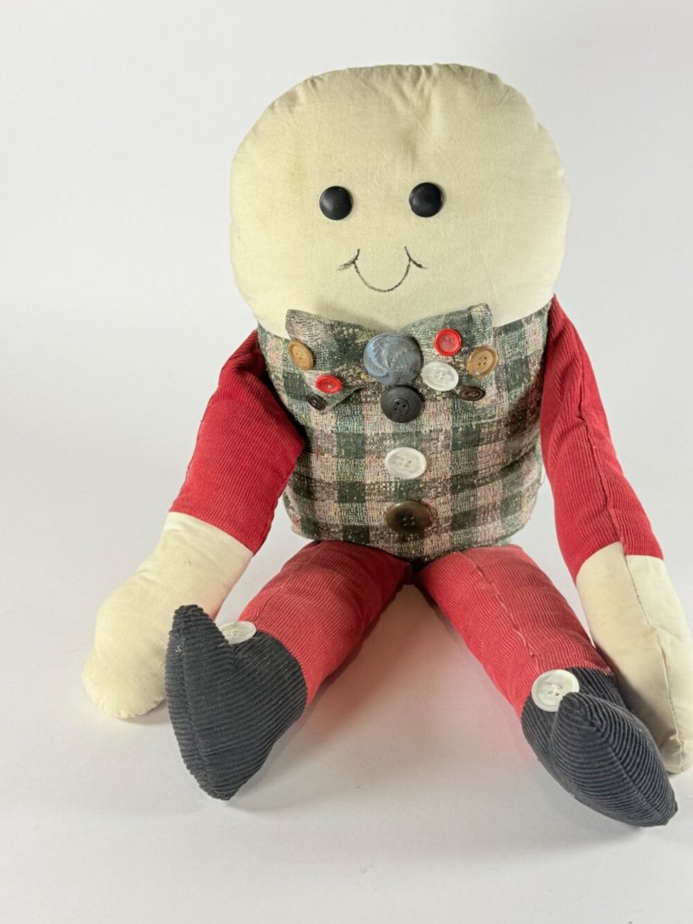 Vintage 1993 Plush Handmade 19 in Humpty Dumpty w/ Plaid Shirt & Corduroy Pants